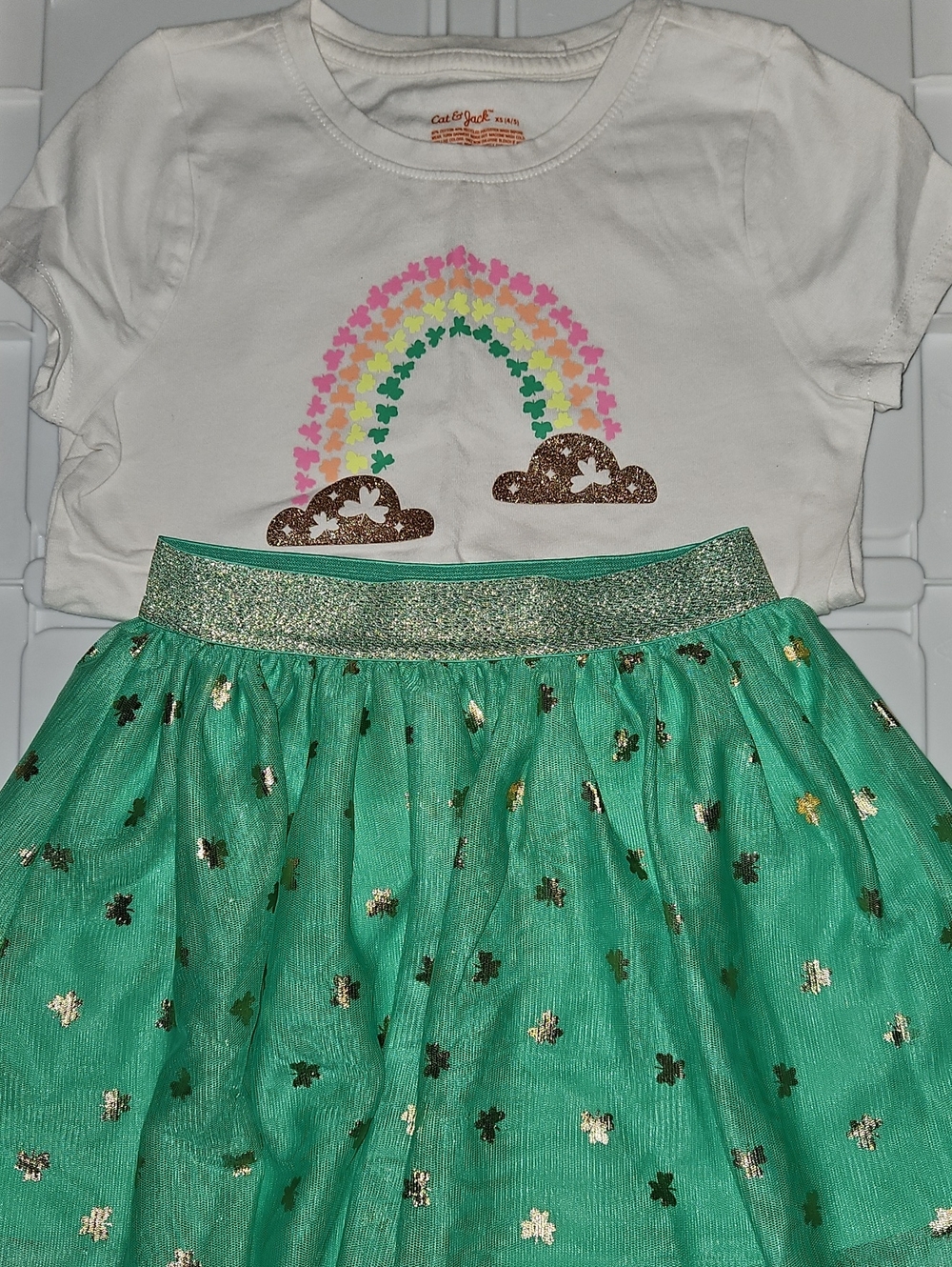 Cat & Jack White Rainbow Tee and Green Tulle Skirt Set